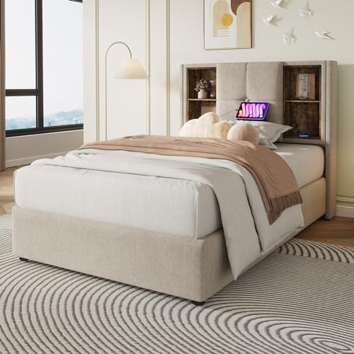 Crlnaup Einzelbett mit Kabellosem Laden USB C, Polsterbett Bettgestell 90x200cm,Bettgestell mit Stauraum Lattenrost aus Holz-Natürlich Leinen (Ohne Matratze von Crlnaup