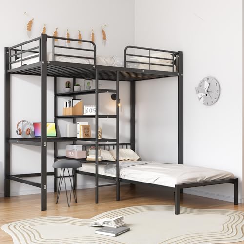 Crlnaup Eisenrahmenbett, Etagenbett mit Tisch und Regalen, Geeignet für Kinder und Jugendliche, mit fünfstufige rechtwinklige Leiter, Vier Seitengitter am oberen Bett, Eisen + MDF, Schwarz, 90x200cm Crlnaup Eisenrahmenbett, Etagenbett mit Tisch und Regalen, Geeignet für Kinder und Jugendliche, mit fünfstufige rechtwinklige Leiter, Vier Seitengitter am oberen Bett, Eisen + MDF, Schwarz, 90x200cm von Crlnaup