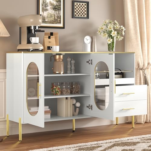 Crlnaup Eleganter Sideboard-Schrank mit 2 Schubladen & 2 Glastüren – Moderne Kommode in Weiß mit Goldakzenten – Viel Stauraum – Für Wohnzimmer, Esszimmer, Flur Crlnaup Eleganter Sideboard-Schrank mit 2 Schubladen & 2 Glastüren – Moderne Kommode in Weiß mit Goldakzenten – Viel Stauraum – Für Wohnzimmer, Esszimmer, Flur von Crlnaup