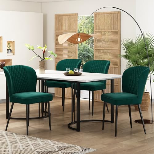Crlnaup Essgruppe,(Esstisch mit 4 Stühlen),Moderner Küchentisch Set,Dunkelgrün Samt Esszimmerstühle,Polsterstuhl Design Stuhl mit Rückenlehne,MDF Tischplatte in Weißer,Schwarz Tischbeine von Crlnaup