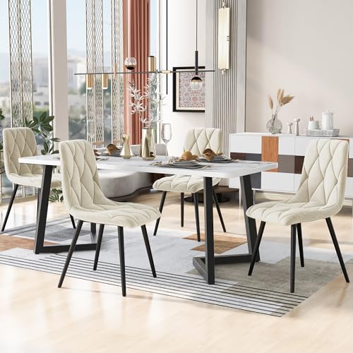 Crlnaup Essgruppe,(Set,117×68cm Esstisch mit 4 Stühlen), Rechteckiger Esstisch Moderner Küchentisch Set,Esszimmerstuhl Beige Twill Samt Küchenstuhl,Schwarze Tischbeine von Crlnaup