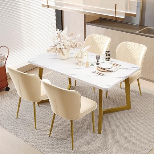 Crlnaup Essgruppe,(Set,117×68×75cm Esstisch mit 4 Stühlen), Moderner Küchentisch Set,Beige Samt Esszimmerstühle, Polsterstuhl Design Stuhl mit Rückenlehne,MDF Tischplatte in Weißer, Gold Tischbeine von Crlnaup