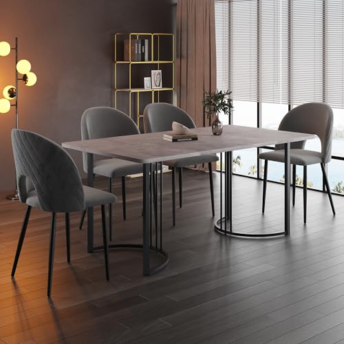 Crlnaup Essgruppe,(Set,140×80cm Esstisch mit 4 Stühlen), Moderner Küchentisch Set, Samt Esszimmerstuhl Mit Diamantmuster,Verstellbare Stuhlbeine,Grau Samt,MDF Tischplatte in Grau,Schwarz Tischbeine von Crlnaup