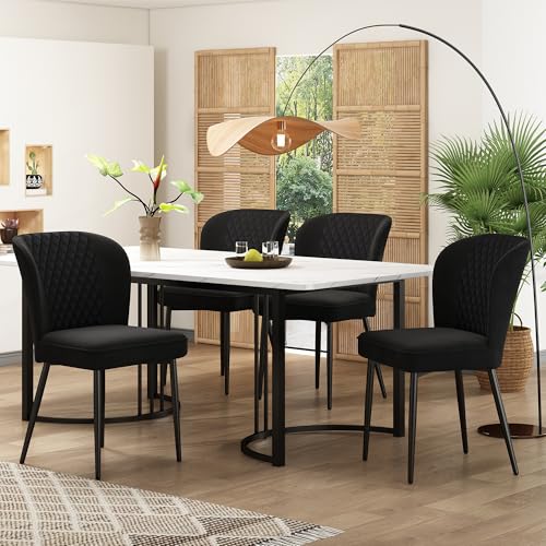 Crlnaup Essgruppe,(Set,140×80×75cm Esstisch mit 4 Stühlen),Moderner Küchentisch Set,Schwarz Samt Esszimmerstühle,Polsterstuhl Design Stuhl mit Rückenlehne,MDF Tischplatte in Weißer,Schwarz Tischbeine von Crlnaup