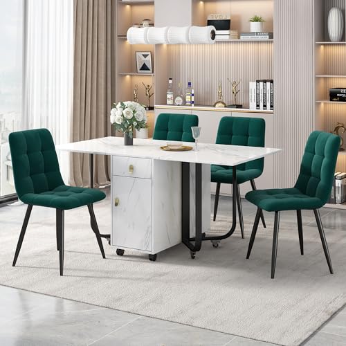 Crlnaup Essgruppe,(Set,150×80×76cm Esstisch mit 4 Stühlen), Klappbarer Küchentisch Set, Samt Esszimmerstühle, Polsterstuhl Design Stuhl mit Rückenlehne,MDF Tischplatte in Weißer,Schwarz Tischbeine von Crlnaup