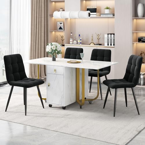 Crlnaup Essgruppe,(Set,150×80×76cm Esstisch mit 4 Stühlen), Klappbarer Küchentisch Set, Samt Esszimmerstühle, Polsterstuhl Design Stuhl mit Rückenlehne,MDF Tischplatte in Weißer,Schwarz Tischbeine von Crlnaup