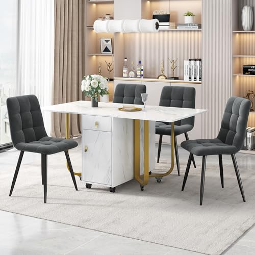 Crlnaup Essgruppe,(Set,150×80×76cm Esstisch mit 4 Stühlen), Klappbarer Küchentisch Set, Samt Esszimmerstühle, Polsterstuhl Design Stuhl mit Rückenlehne,MDF Tischplatte in Weißer,Schwarz Tischbeine von Crlnaup