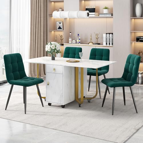Crlnaup Essgruppe,(Set,150×80×76cm Esstisch mit 4 Stühlen), Klappbarer Küchentisch Set, Samt Esszimmerstühle, Polsterstuhl Design Stuhl mit Rückenlehne,MDF Tischplatte in Weißer,Schwarz Tischbeine von Crlnaup