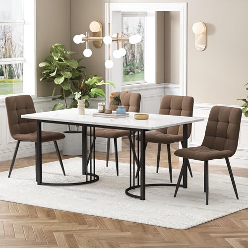 Crlnaup Essgruppe (5-TLG),Esstisch mit 4 Stühlen Set, Moderner Küchentisch Set, 140×80cm Küchentisch mit Schwarz Metallbeinen, MDF Tischplatte in Weißer,Braun Samt Esszimmerstühle von Crlnaup