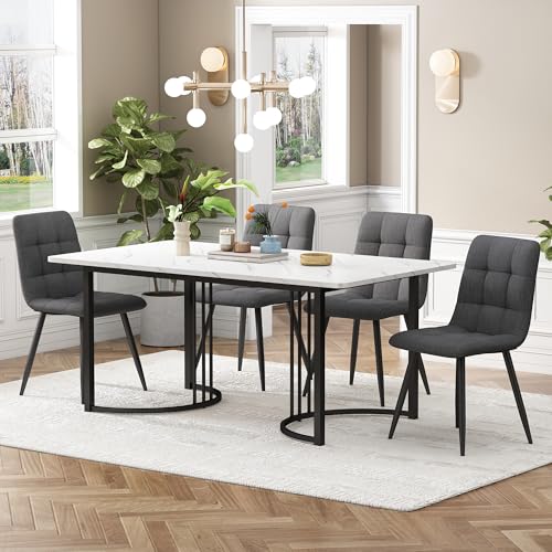 Crlnaup Essgruppe (5-TLG),Esstisch mit 4 Stühlen Set, Moderner Küchentisch Set, 140×80cm Küchentisch mit Schwarz Metallbeinen, MDF Tischplatte in Weißer,Dunkelgrau Leinen Esszimmerstühle von Crlnaup
