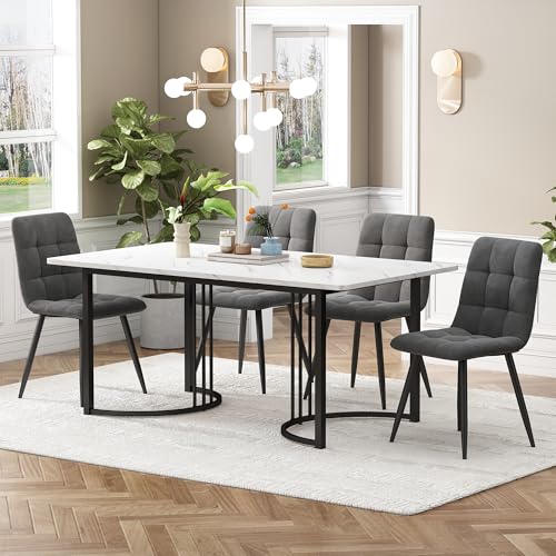 Crlnaup Essgruppe (5-TLG),Esstisch mit 4 Stühlen Set, Moderner Küchentisch Set, 140×80cm Küchentisch mit Schwarz Metallbeinen, MDF Tischplatte in Weißer,Dunkelgrau Samt Esszimmerstühle von Crlnaup