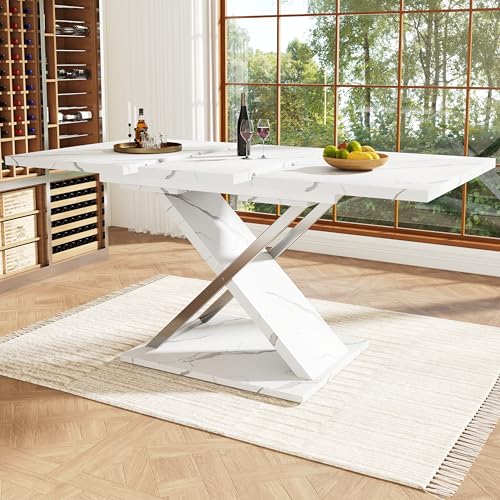 Crlnaup Esstisch Ausziehtisch (118-157×75cm), Küchen-Wohnzimmertisch, Anstecktisch, Ausziehbar auf 118-157cm mit Hilfe von innenliegender Einlegeplatte, Esstisch mit Kreuzbeinen von Crlnaup