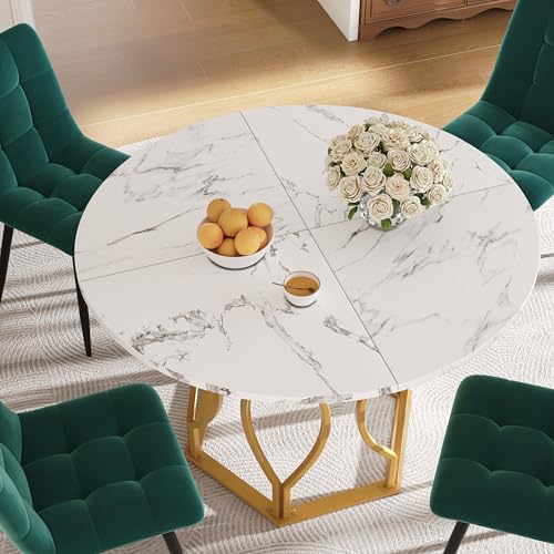 Crlnaup Esstisch-Set (5-teilig), Esstisch-Set mit 4 Stühlen, Küchentisch, runder mit 100 cm Durchmesser und goldenen Metallbeinen, weiße MDF-Tischplatte, Esszimmerstühle aus dunkelgrün Samt von Crlnaup