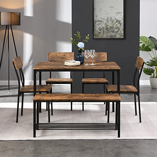 Crlnaup Esstisch Stuhl und Bank Set 6 Holz Stahlrahmen Industrie Stil Küche Esstisch Set von Crlnaup