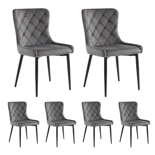 Crlnaup Esszimmerstühle mit Rückenlehne(6 st), Küchenstuhl mit Samtbezug Polsterstuhl aus Metall,Ergonomischer Stuhl,Schwarze Stuhlbeine aus Eisen,Dunkelgrau von Crlnaup