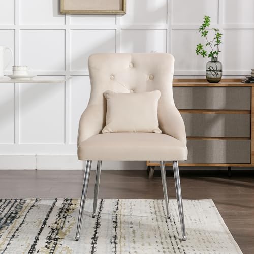 Crlnaup Esszimmerstuhl mit Knopfmuster, Gepolsterter Sessel, Stühle mit Metallbeinen, Moderner Loungesessel, Schlafzimmer-Wohnzimmerstuhl mit Lendenkissen, Beige von Crlnaup