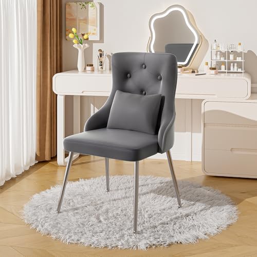 Crlnaup Esszimmerstuhl mit Knopfmuster, Gepolsterter Sessel, Stühle mit Metallbeinen, Moderner Loungesessel, Schlafzimmer-Wohnzimmerstuhl mit Lendenkissen, grau von Crlnaup