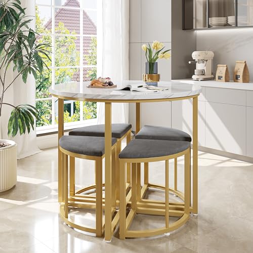 Crlnaup Esszimmertisch-Set mit Vier Stühlen,Essgruppe mit MDF-Tischplatte und vergoldeten Eisenrahmen,Samtstuhl,Moderne Luxustische und-stühle,grau von Crlnaup