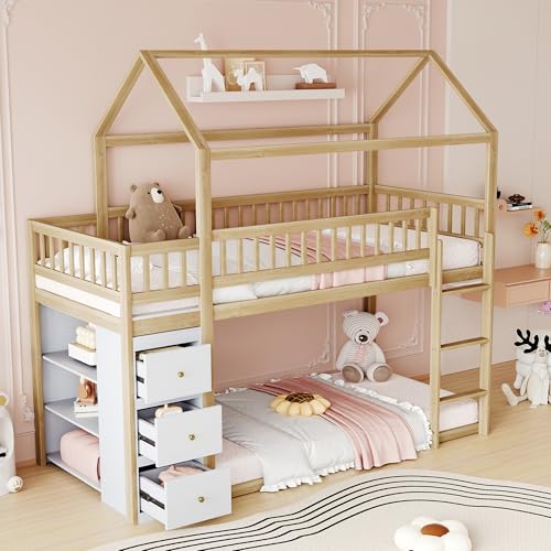 Crlnaup Etagen-Kinderbett 90 * 200 cm, Hausform, Sicherheitszaun-Design, Mit Aufbewahrungskommode und Regalen, Niedriges Hochbett mit Leiter, Massivholzrahmen, Holzfarbe von Crlnaup