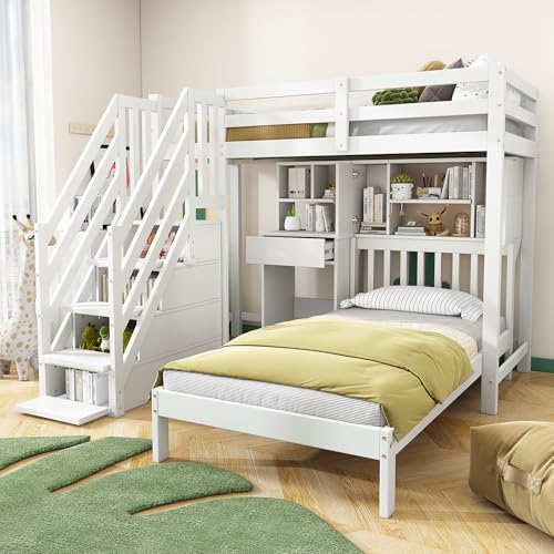 Crlnaup Etagenbett, Doppelbett, multifunktionales Kinderbett, Stauraumfunktion, mit Schreibtisch und Regale, mit Lattenrost, weiß, 90 * 200 Crlnaup Etagenbett, Doppelbett, multifunktionales Kinderbett, Stauraumfunktion, mit Schreibtisch und Regale, mit Lattenrost, weiß, 90 * 200 von Crlnaup