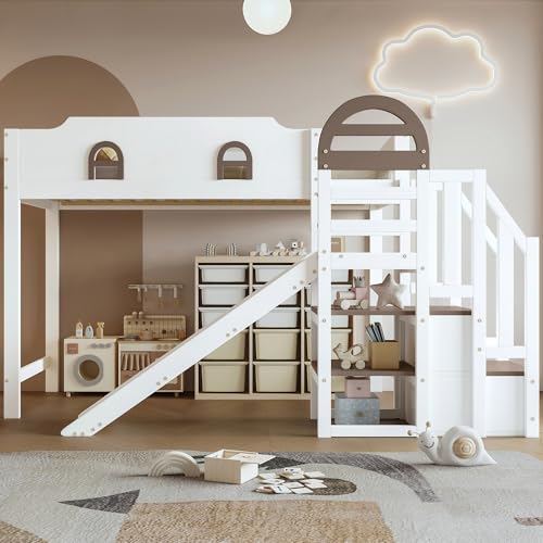 Crlnaup Etagenbett, Kinderbett Mit Fenster, Mit Kinderrutsche, Treppen mit Handlauf, Mit 2 Schließfächer in der Treppe, Vielseitiges Design, Reichlich Stauraum, Kiefer+MDF, Weiß+Braun, 90x200cm Crlnaup Etagenbett, Kinderbett Mit Fenster, Mit Kinderrutsche, Treppen mit Handlauf, Mit 2 Schließfächer in der Treppe, Vielseitiges Design, Reichlich Stauraum, Kiefer+MDF, Weiß+Braun, 90x200cm von Crlnaup
