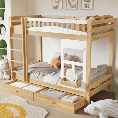 Crlnaup Etagenbett, Kinderbett mit Fenster, mit Fallschutzgitter, stabiles Geländer, Zwei Schubladen mit Rollen, Reichlich Stauraum, Kiefer+MDF, Weiß+Natur, 90x200cm von Crlnaup