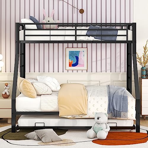 Crlnaup Etagenbett, Metallbett mit ausziehbarem Bett,mit Leiter auf beiden Seiten für Kinder, Jugendliche, Erwachsene, einfach zu montieren, 90(140) x200cm, schwarz von Crlnaup