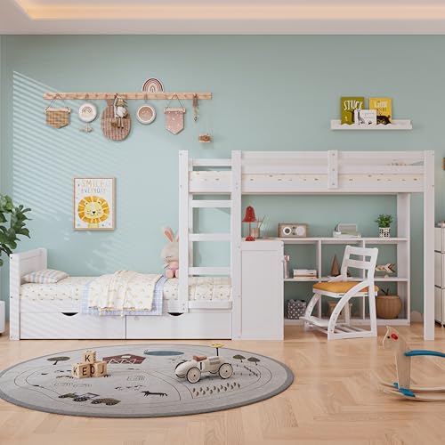 Crlnaup Etagenbett,Kinderbett,mit dreistufiger Leiter,Stabile Lattenroste,Offenes Regal,Design des Sicherheitszauns,Zwei Schubladen,mit Schreibtisch,Rahmen aus Kiefer, Kiefer+MDF, Weiß, 90x200cm Crlnaup Etagenbett,Kinderbett,mit dreistufiger Leiter,Stabile Lattenroste,Offenes Regal,Design des Sicherheitszauns,Zwei Schubladen,mit Schreibtisch,Rahmen aus Kiefer, Kiefer+MDF, Weiß, 90x200cm von Crlnaup