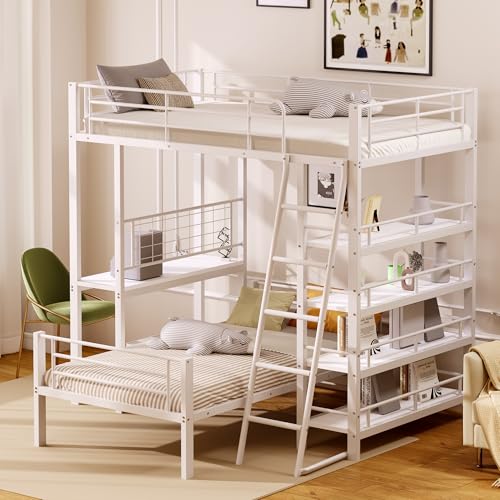 Crlnaup Etagenbett Metallrahmen Hochbett 90 * 200, Multifunktionsbett mit Mehreren Ablagefächern, Weiß von Crlnaup