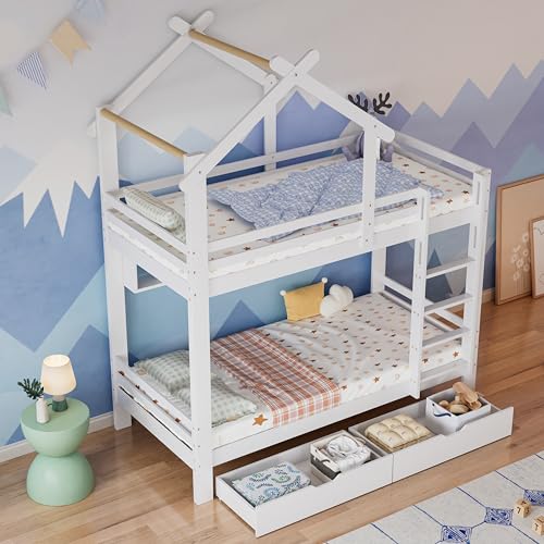 Crlnaup Etagenbett mit Schubladen und Regalen, Hausbett mit dreistufige rechtwinklige Leiter, Kinderbett mit Fallschutz und Gitter, Rahmen aus Kieferholz, Weiß (90x200cm) von Crlnaup
