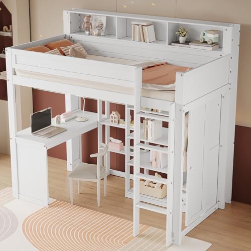 Crlnaup Etagenbett mit Tisch und Kleiderschrank, Kinderbett, mit Fallschutzgitter, mit Regalen und vierstufiger Leiter, integrierter Stauraum, Kiefer+MDF+Sperrholz, Weiß, 90x200cm Crlnaup Etagenbett mit Tisch und Kleiderschrank, Kinderbett, mit Fallschutzgitter, mit Regalen und vierstufiger Leiter, integrierter Stauraum, Kiefer+MDF+Sperrholz, Weiß, 90x200cm von Crlnaup