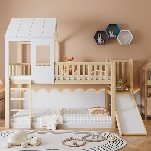 Crlnaup Etagenbett mit rechtwinkliger Leiter und Rutsche, Hausbett mit Dach und Fenster, Kinderbett mit Fallschutz und Gitter, Rahmen aus Kiefer, Natur+Weiß (90x200cm) von Crlnaup
