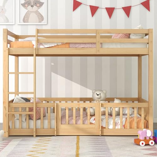 Crlnaup Etagenbett mit rechtwinkliger Treppe, Bett mit Zäune und Türchen, Kinderbett mit Fallschutz und Gitter, Massivholz, Natur (200x90cm) von Crlnaup