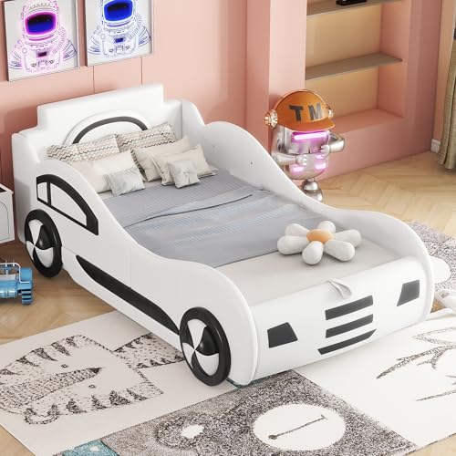 Crlnaup Flachbett, 90 x 200cm, Bett mit Lattenrost (ohne Matratze), Modell Autobett, Autobett, Kinderbett, Kinderbett mit Unterbettstauraum, Weiß von Crlnaup