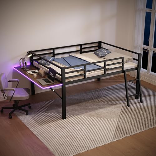 Crlnaup Flachbett,140 x 200 cm, Metallbett, Ohne Matratze, Geländer, Leiter, Schreibtisch, Ferngesteuertes LED-Lichtband, Schwarz Crlnaup Flachbett,140 x 200 cm, Metallbett, Ohne Matratze, Geländer, Leiter, Schreibtisch, Ferngesteuertes LED-Lichtband, Schwarz von Crlnaup
