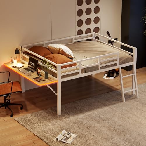 Crlnaup Flachbett,140 x 200 cm, Metallbett, Ohne Matratze, Geländer, Leiter, Schreibtisch, Ferngesteuertes LED-Lichtband, Weiß Crlnaup Flachbett,140 x 200 cm, Metallbett, Ohne Matratze, Geländer, Leiter, Schreibtisch, Ferngesteuertes LED-Lichtband, Weiß von Crlnaup