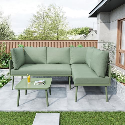 Crlnaup Garten-Lounge-Set aus Eisen, Gartenmöbel-Set aus grünem Seil, L-förmiges Gartenmöbel-Set, Lounge-Set aus grünem Seil mit Sitzkissen, verstellbaren Füßen, 2 Sofas und 1 Tisch von Crlnaup