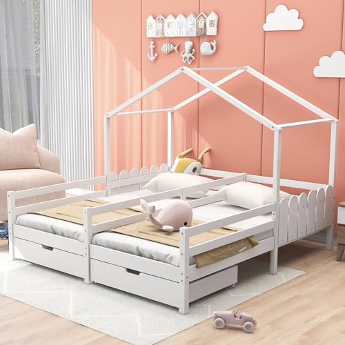 Crlnaup Hausbett, Doppelbett, Kinderbett, Gitterbett mit 2 MDF-Schubladen, Schubladen auf Rollen, Lattenrost aus Kiefer, weiß (200x90cm) von Crlnaup