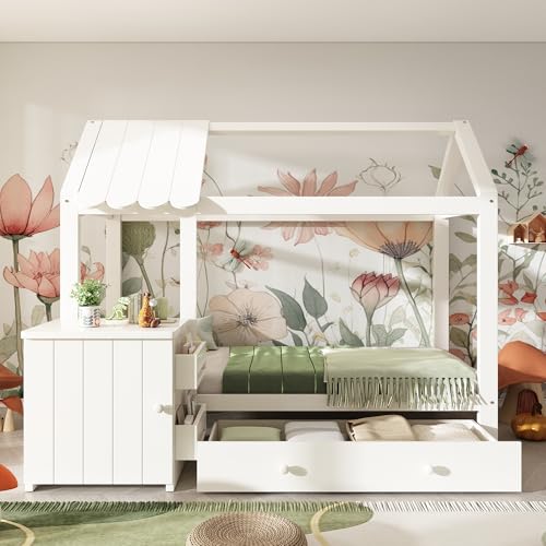 Crlnaup Hausbett Kinderbett 90x200 cm aus Massivholz mit Schubladen & abnehmbarem Nachttisch - Bodenbett in Weiß, ohne Matratze Crlnaup Hausbett Kinderbett 90x200 cm aus Massivholz mit Schubladen & abnehmbarem Nachttisch - Bodenbett in Weiß, ohne Matratze von Crlnaup