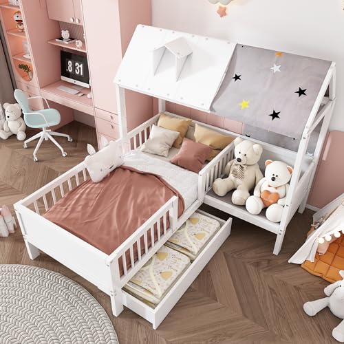 Crlnaup Hausförmiges Kinderbett aus Holz, Einzelbett, multifunktional, mit Zeltstoff & Kissen, Schubladen unten, ohne Matratze, 90 * 200, weiß von Crlnaup