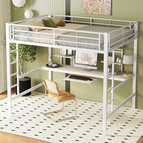 Crlnaup Hochbett, 140 * 200 cm, Bettgestell Metallbett, Eisenbett, Hochbett mit Schreibtisch und Zwei Bücherregalen für Kinder, Jugendliche und Erwachsene, Weiß von Crlnaup