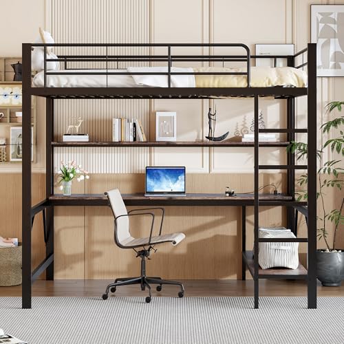 Crlnaup Hochbett, 140 * 200 cm, Geländer, Trittleiter, mit USB und Steckdose, Mit LED-Leuchten, Schreibtisch, mehrstöckiges Regal, ohne Matratze, Metall, Schwarz von Crlnaup