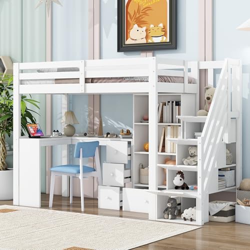 Crlnaup Hochbett, 90x200 cm, Ohne Matratze, Geländer, Schreibtisch, Schubladen, Offener Stauschrank, Verstaubare Trittleiter, Mehrere Einlegeböden, EN 747 Zertifiziert, Weiß Crlnaup Hochbett, 90x200 cm, Ohne Matratze, Geländer, Schreibtisch, Schubladen, Offener Stauschrank, Verstaubare Trittleiter, Mehrere Einlegeböden, EN 747 Zertifiziert, Weiß von Crlnaup