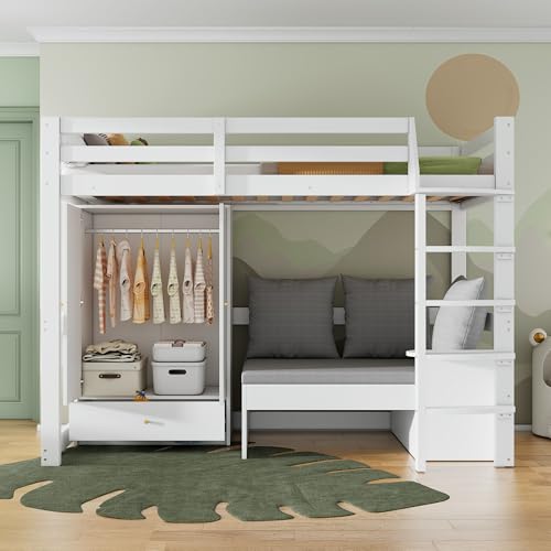 Crlnaup Hochbett für Kinder,Multifunktionales Kinderbett, mit eine Leiter, mit Kleiderschrank, Sofa mit Stauraum, DREI Kissen und Auflagen, mit Ablageboden, ohne Matratze, Massivholz, weiß, 90 x 200 von Crlnaup