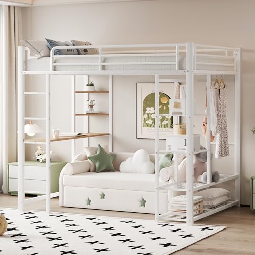 Crlnaup Hochbett mit Leiter 90 * 200cm, Einzelbett Kinderbett mit Tisch mit einfacher Aufhängung mit Ablagefächern, Weiß Crlnaup Hochbett mit Leiter 90 * 200cm, Einzelbett Kinderbett mit Tisch mit einfacher Aufhängung mit Ablagefächern, Weiß von Crlnaup