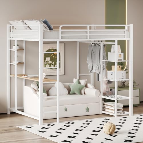 Crlnaup Hochbett mit Leiter 90 * 200cm, Einzelbett Kinderbett mit Tisch mit einfacher Aufhängung mit Ablagefächern, Weiß von Crlnaup