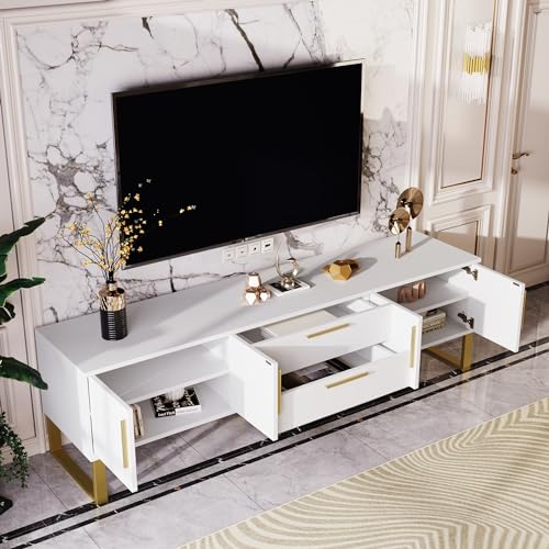 Crlnaup Hochglänzender TV-Schrank: Boden, goldene Griffe und Füße, Tür mit gravierter Textur, Aufbewahrungslösung für das Wohnzimmer, perfekte Kombination aus Eleganz, Luxus und Funktionalität von Crlnaup