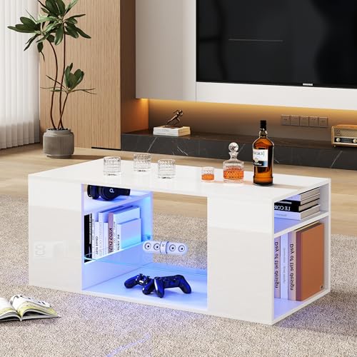 Crlnaup Hochglanz Couchtisch mit Glas, LED Couchtische, Weiß Kaffeetisch,Mehrere Lagerplätze,96x45x45 cm von Crlnaup