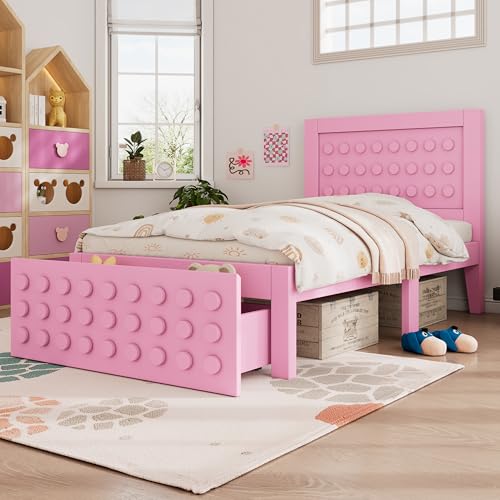 Crlnaup Holzbett Einzelbett 90x190 cm, Kinderbett Jugendbett mit Kreativem Block Design, Massivholz Bettgestell mit Lattenrost, mit Schubladen & Unterm Bett Stauraum, Rosa, Ohne Matratze Crlnaup Holzbett Einzelbett 90x190 cm, Kinderbett Jugendbett mit Kreativem Block Design, Massivholz Bettgestell mit Lattenrost, mit Schubladen & Unterm Bett Stauraum, Rosa, Ohne Matratze von Crlnaup