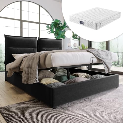 Crlnaup Hydraulisch Doppelbett Polsterbett 140x200cm,Verstellbares Kopfteil, Bett mit Lattenrost aus Metallrahmen, Samt, Modernes Bettgestell mit Stauraum, Großer Stauraum, Schwarz (Mit Matratze) von Crlnaup